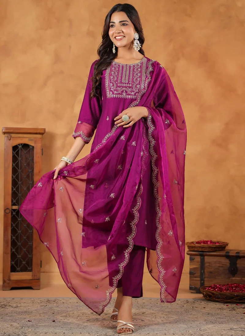 ZERESOUQ Purple Silk Blend Straight Embroidered 3-Piece Kurta Set